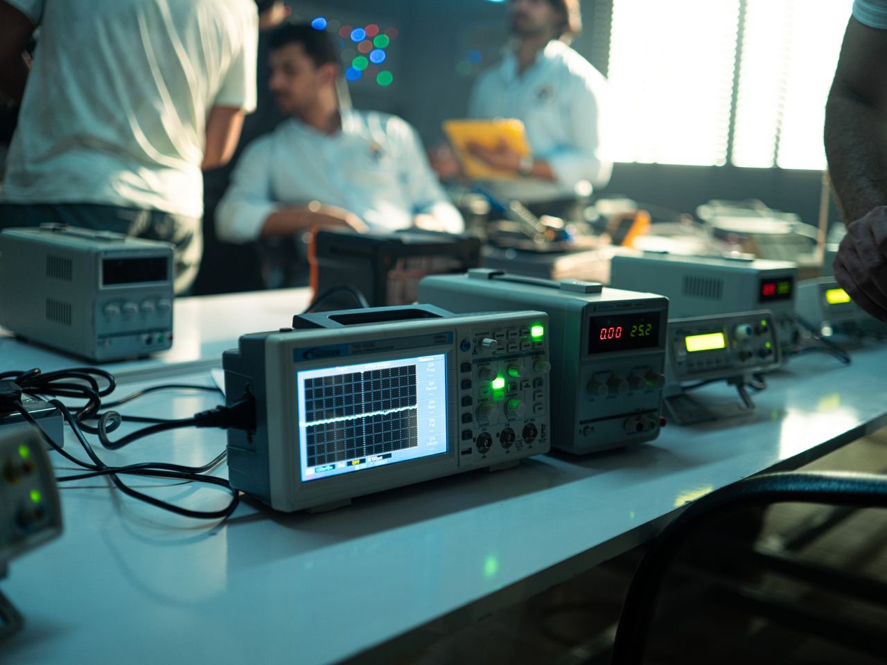 Engineers working in an electronics lab with oscilloscopes and other equipment on a bright day.